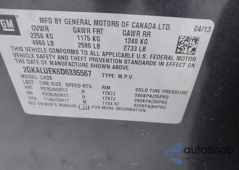 2013 GMC Terrain Slt-1 from USA, damaged, VIN 2GKALUEK6D6335567